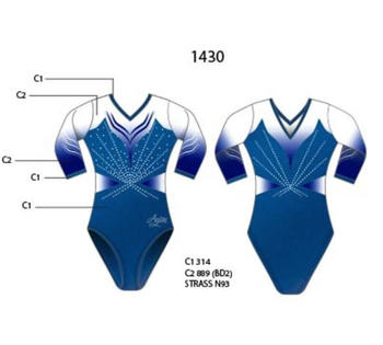 Levendige metallic-blauwe turnpakje met geometrisch strasspatroon en 3/4 sublimatige netmouwen voor sportieve elegantie 1430